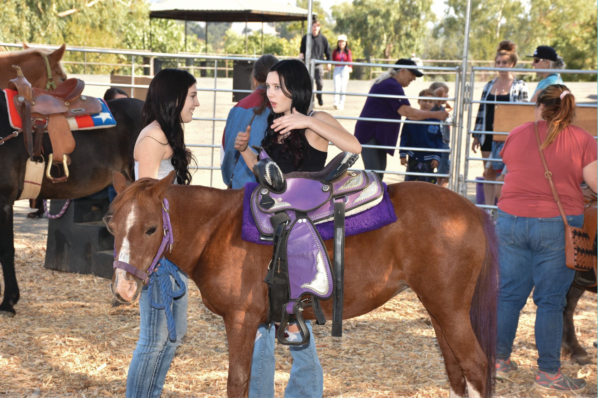 Two young women prepare a pony with a purple saddle for a children’s ride at the Salmon Festival.