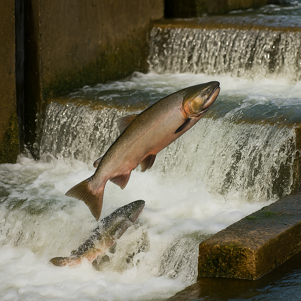 Chinook salmon leaping up a fish ladder in rushing water, with another salmon partially visible below.