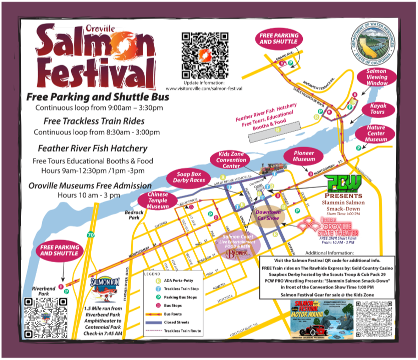2026 Oroville Salmon Festival map showing free parking, shuttle bus and Rawhide Express trackless train routes, street closures, restrooms, and festival attractions throughout Downtown Oroville, Riverbend Park, and the Feather River Fish Hatchery.