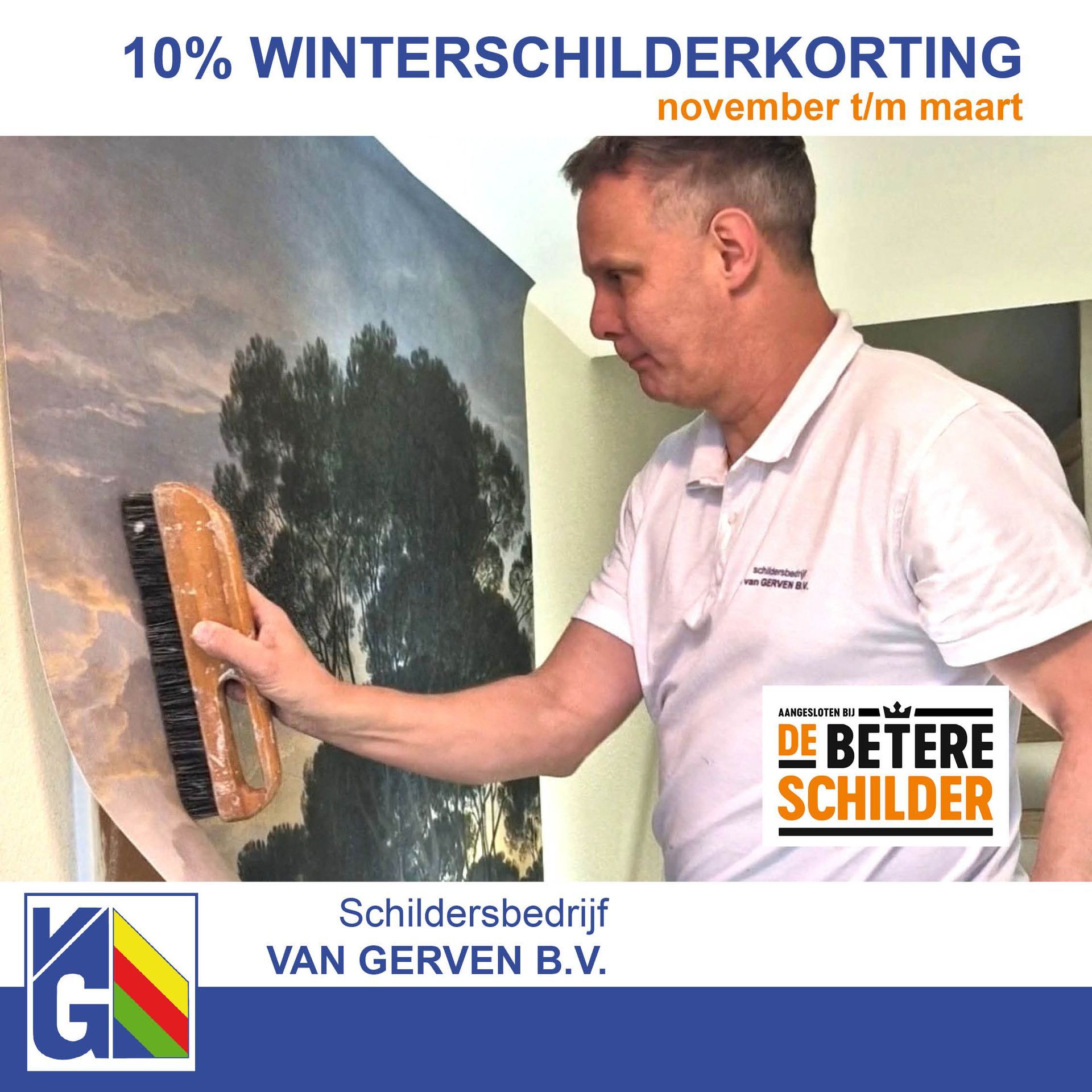 Man schildert kozijnen, met 5% winterkorting van november tot en met maart.