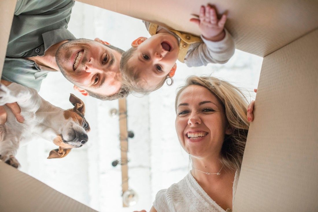 A low-angle view of a family and a small dog looking curiously down into an open cardboard box.