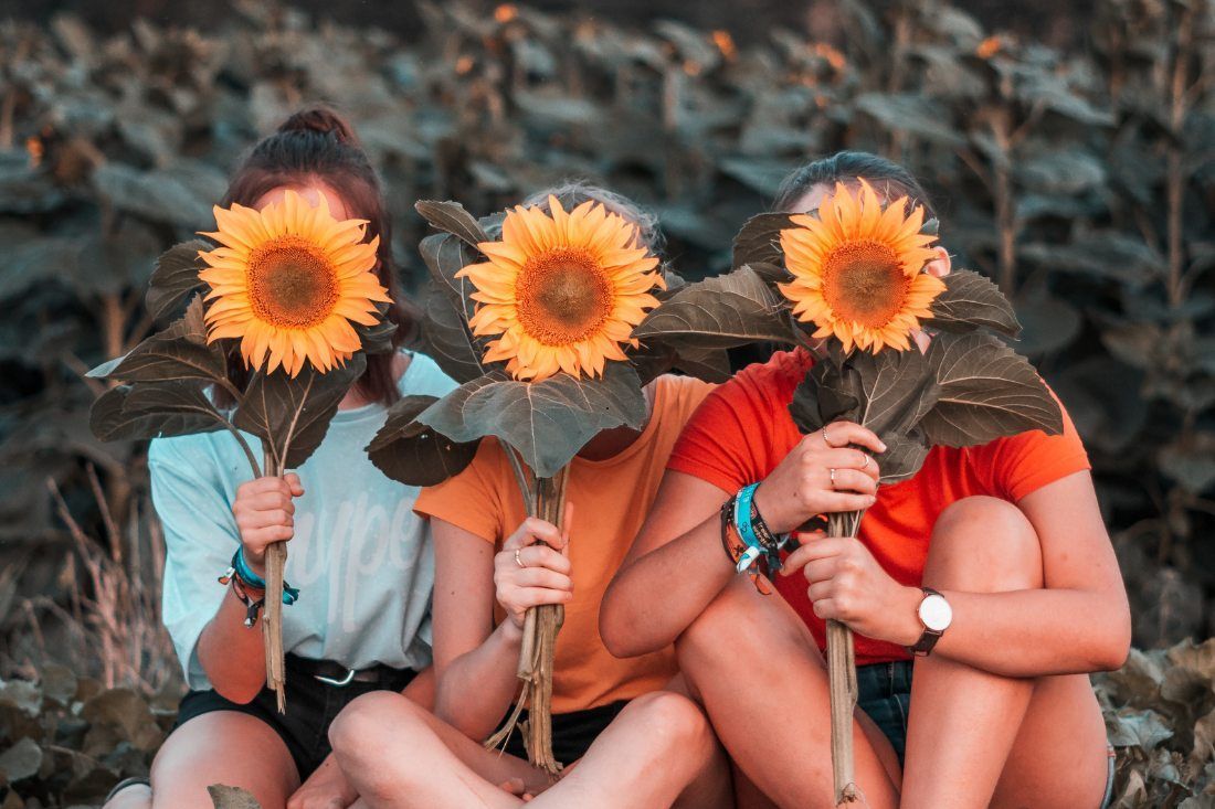 Three people sitting in a field, each holding a large sunflower in front of their face.