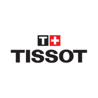 Logo Tissot con lettere nere e simbolo della bandiera svizzera nera e rossa nella parte superiore.