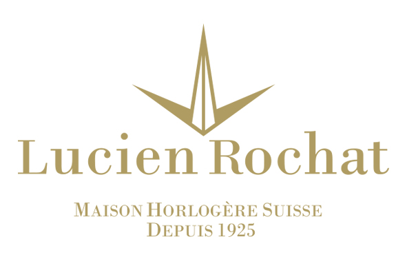Logo di Lucien Rochat con emblema dorato sopra il testo. Si legge