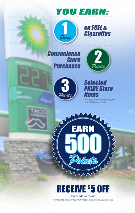 An advertisement for a gas station that says earn 500 points on every dollar spent.