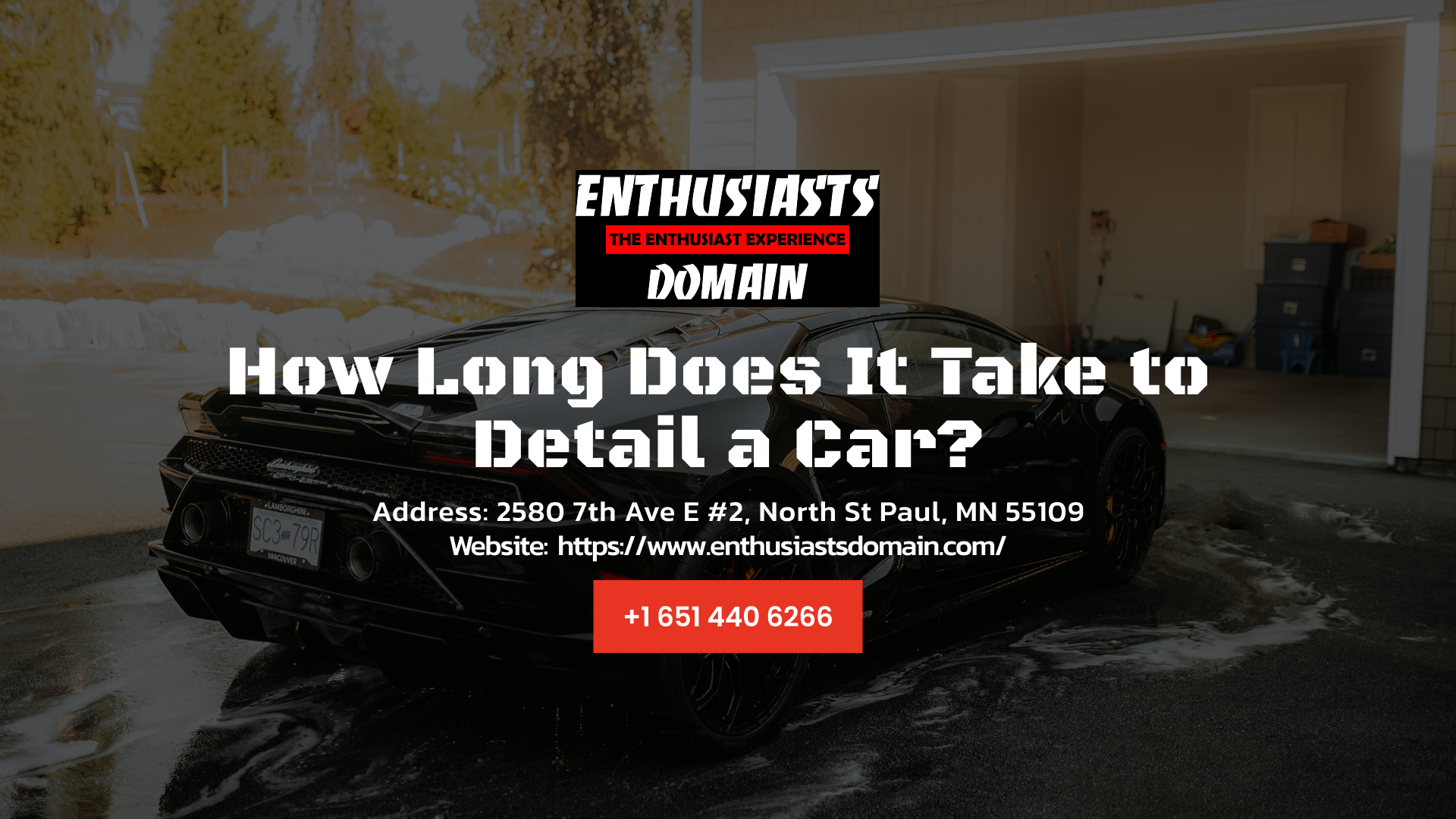 Car detailing workshop banner with a black Mercedes and headline “How Long Does It Take to Detail a Car?”