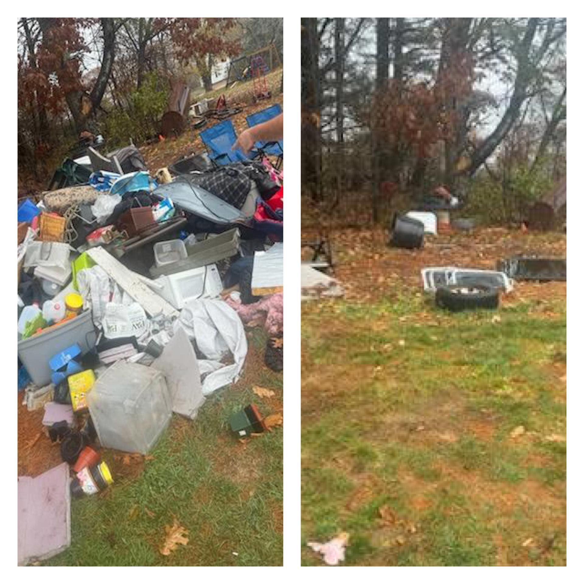 Overflowing trash and scattered debris in a wooded yard after cleanup.