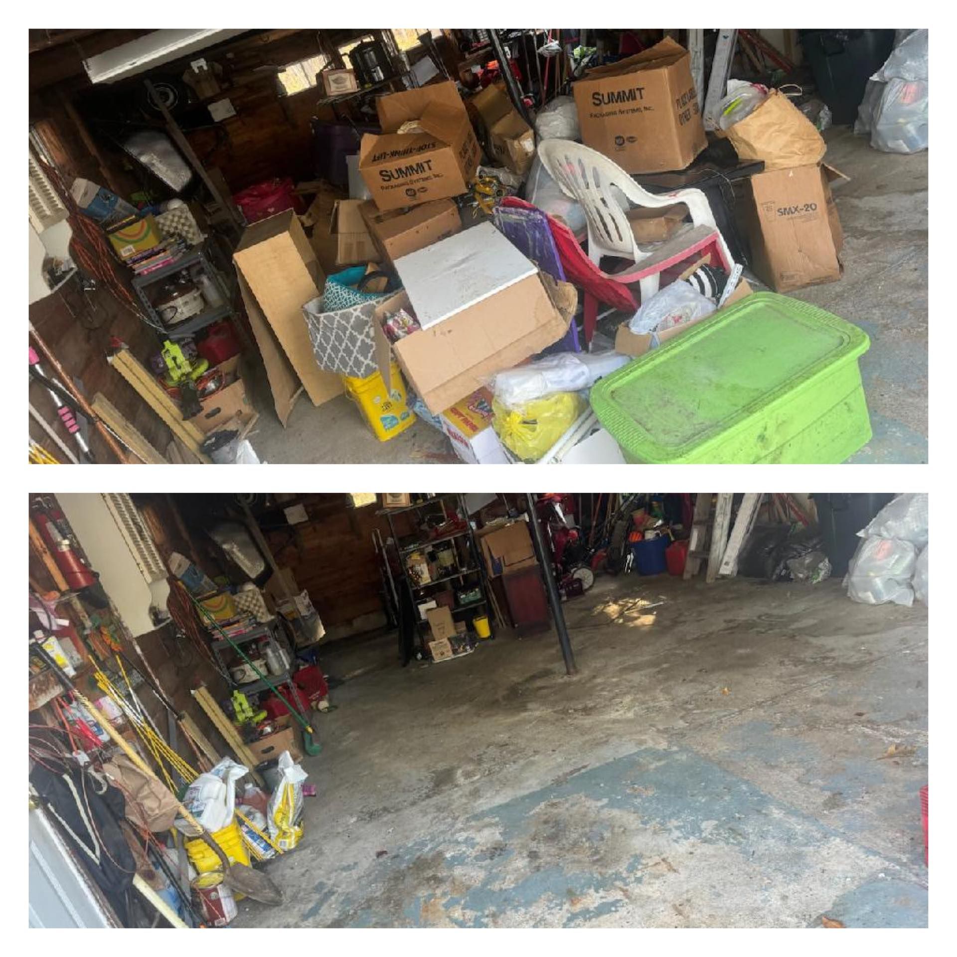 Cluttered garage before-and-after: boxes and storage bins removed, leaving a mostly empty floor.