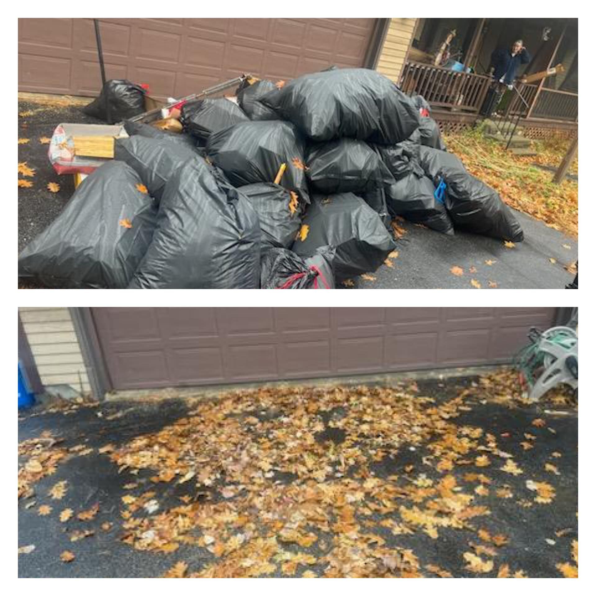 Black garbage bags piled on driveway, with fallen autumn leaves scattered below a garage door.
