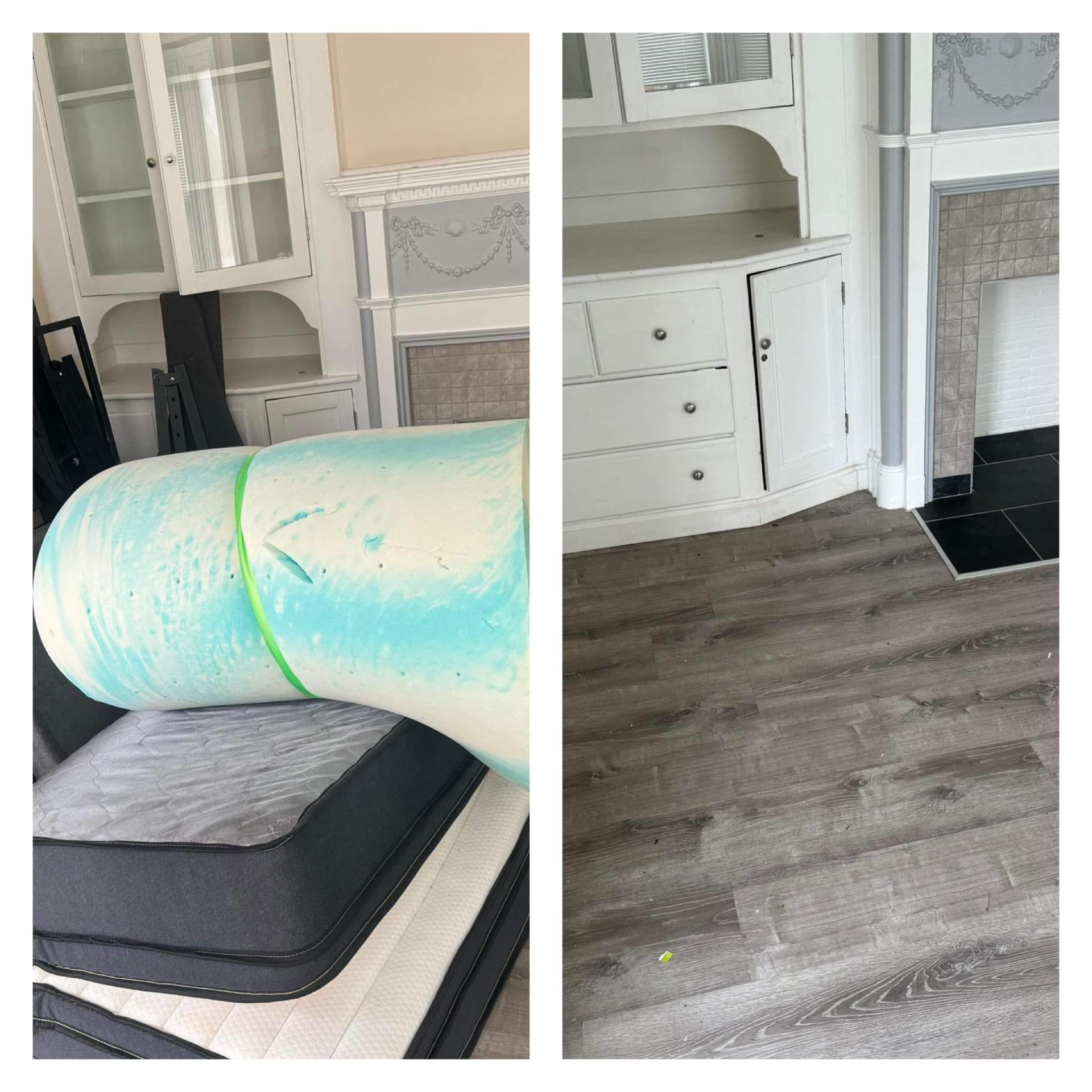 Living room with a gray ottoman, white dresser, and close-up of a turquoise plush arm over the seat