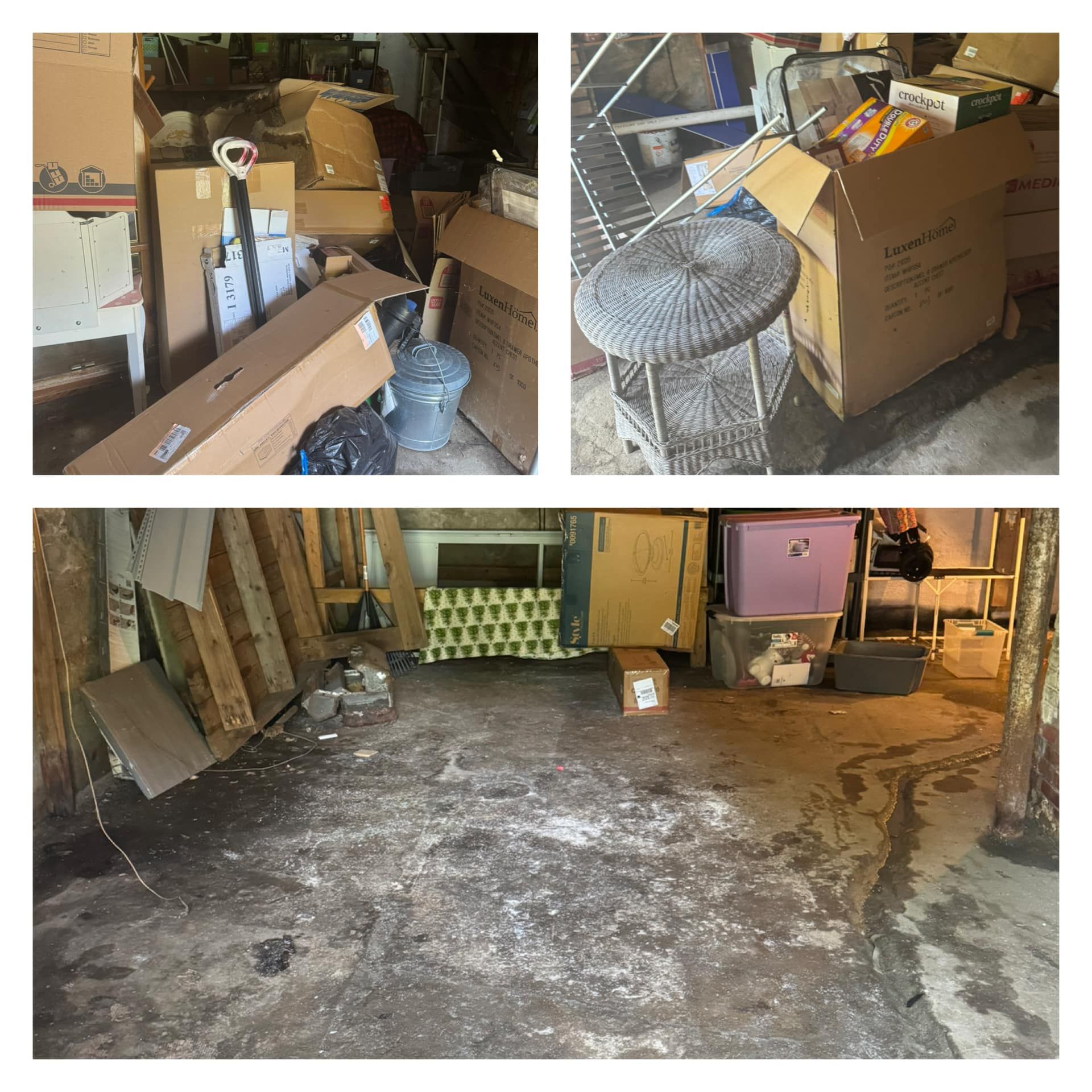 Cluttered garage with boxes and tools, and a dirty concrete floor with scattered debris.