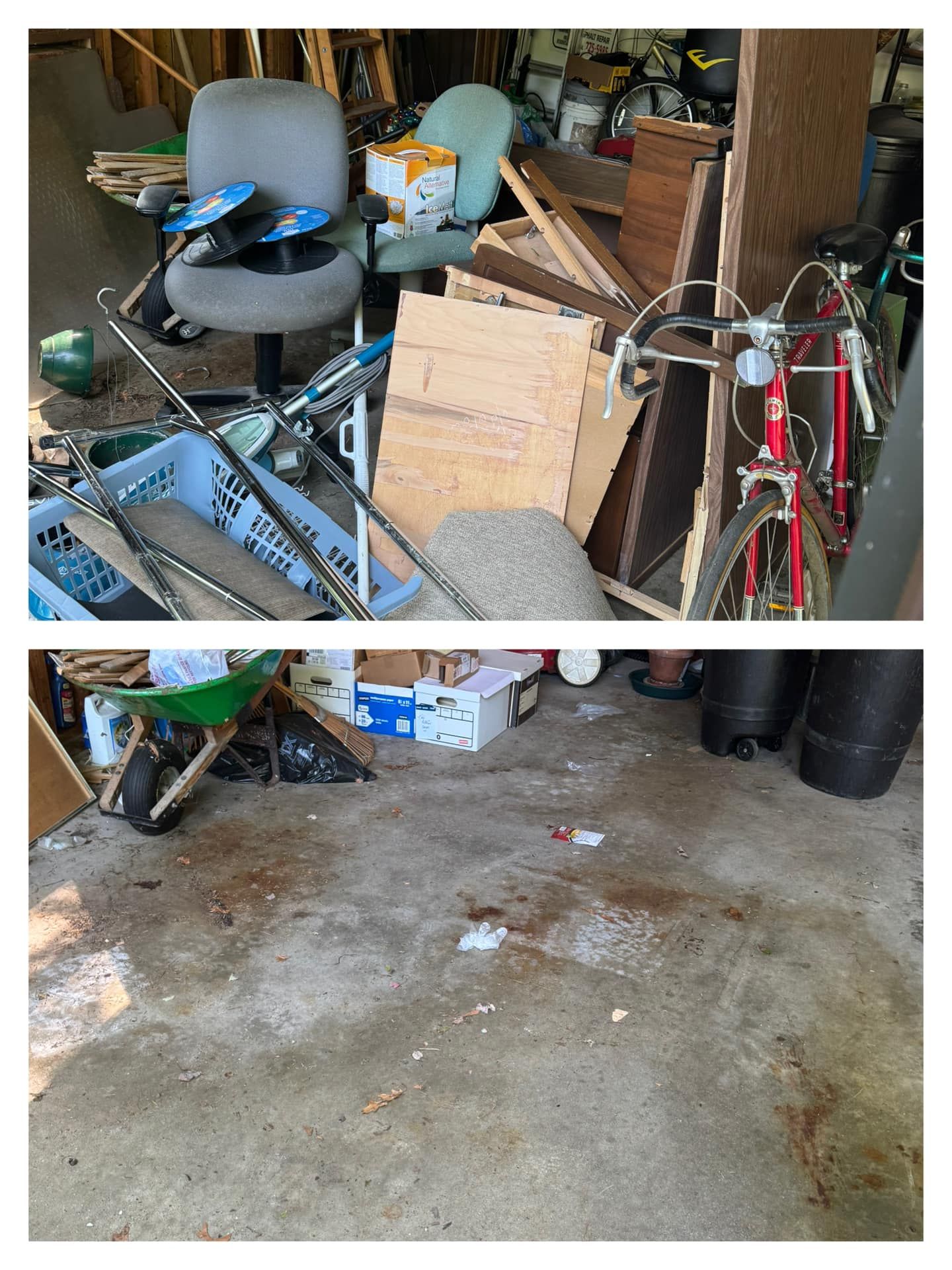 Cluttered garage with bicycles, chairs, and boxes around a concrete floor with stains and debris