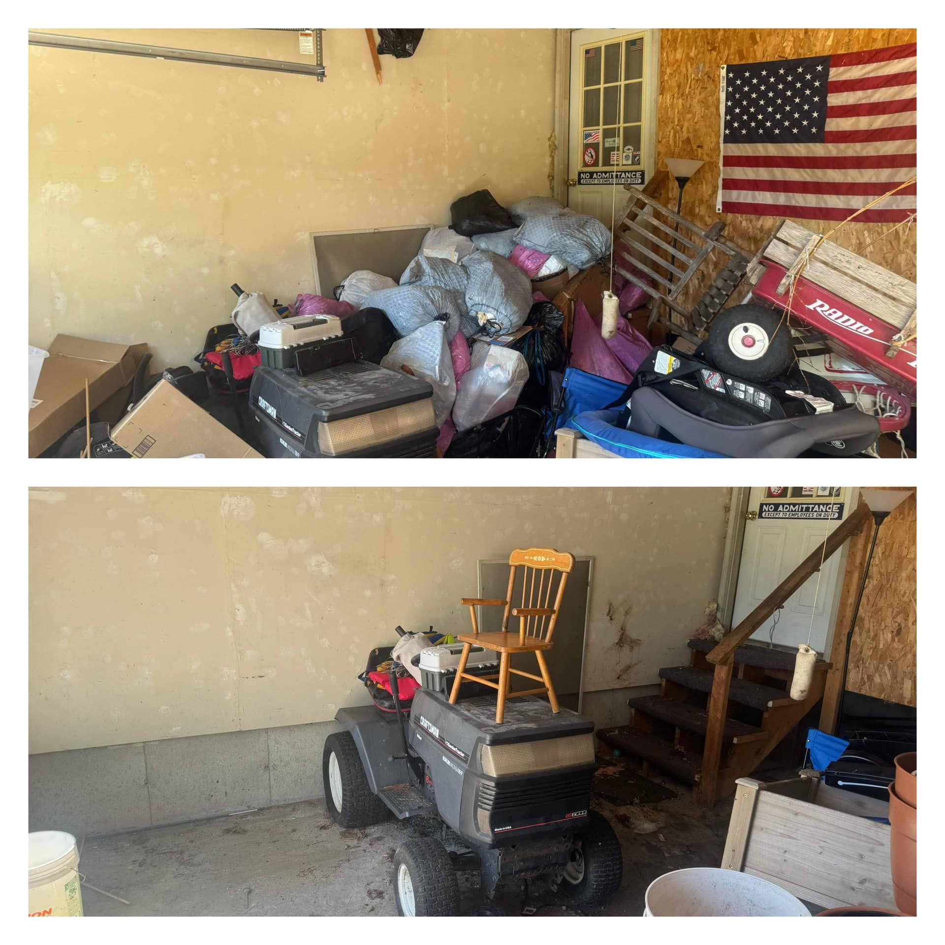 Cluttered garage with stacked boxes, furniture, an ATV, and a hanging American flag.