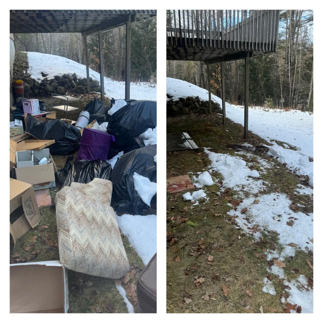 Snowy outdoor porch and yard cluttered with bags, boxes, and scattered trash under a raised deck
