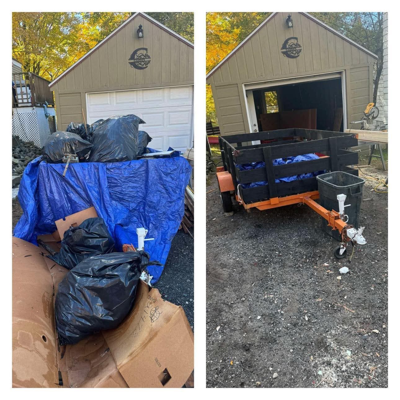 Two photos of a garage with yard debris and trash bags