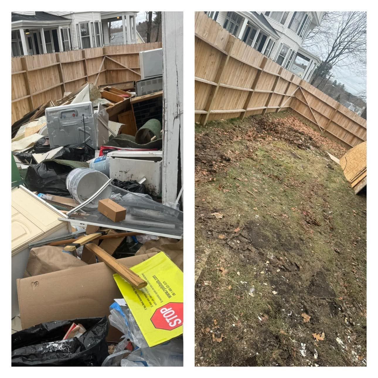 Yard before and after cleanup: left piled with junk, right mostly cleared dirt behind a wooden fence.