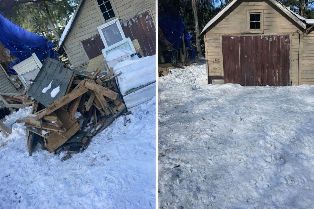 Snowy yard with a collapsed wooden structure beside a small shed, shown in two side-by-side views.