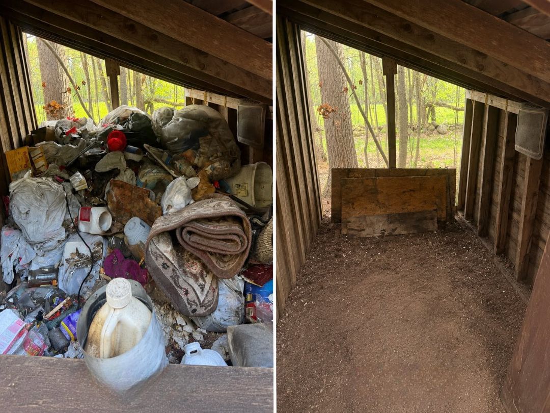 Cluttered attic before and after cleanup, showing piles of trash beside an emptied wooden loft.