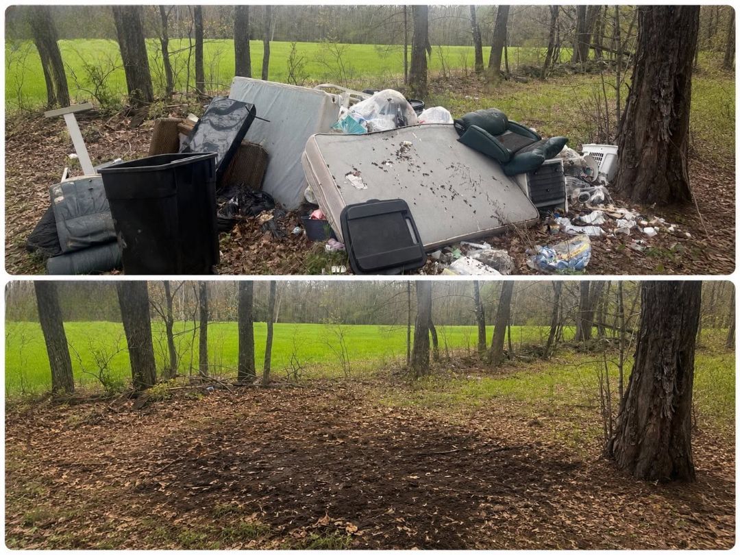 Before-and-after view of dumped trash cleared from a wooded roadside area