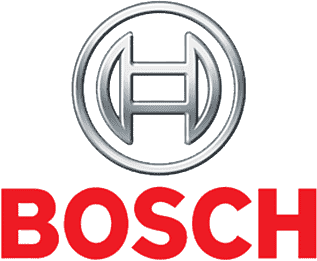 Logo Bosch con emblema circolare argentato sopra la scritta BOSCH in rosso acceso.