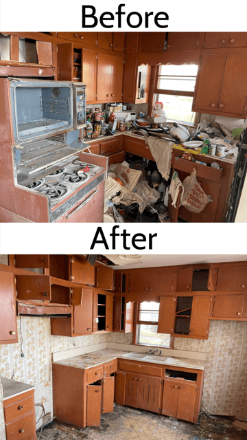 a before and after picture of a kitchen with wooden cabinets .
