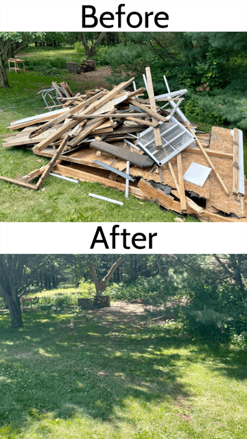 a before and after picture of a pile of wood in a yard .