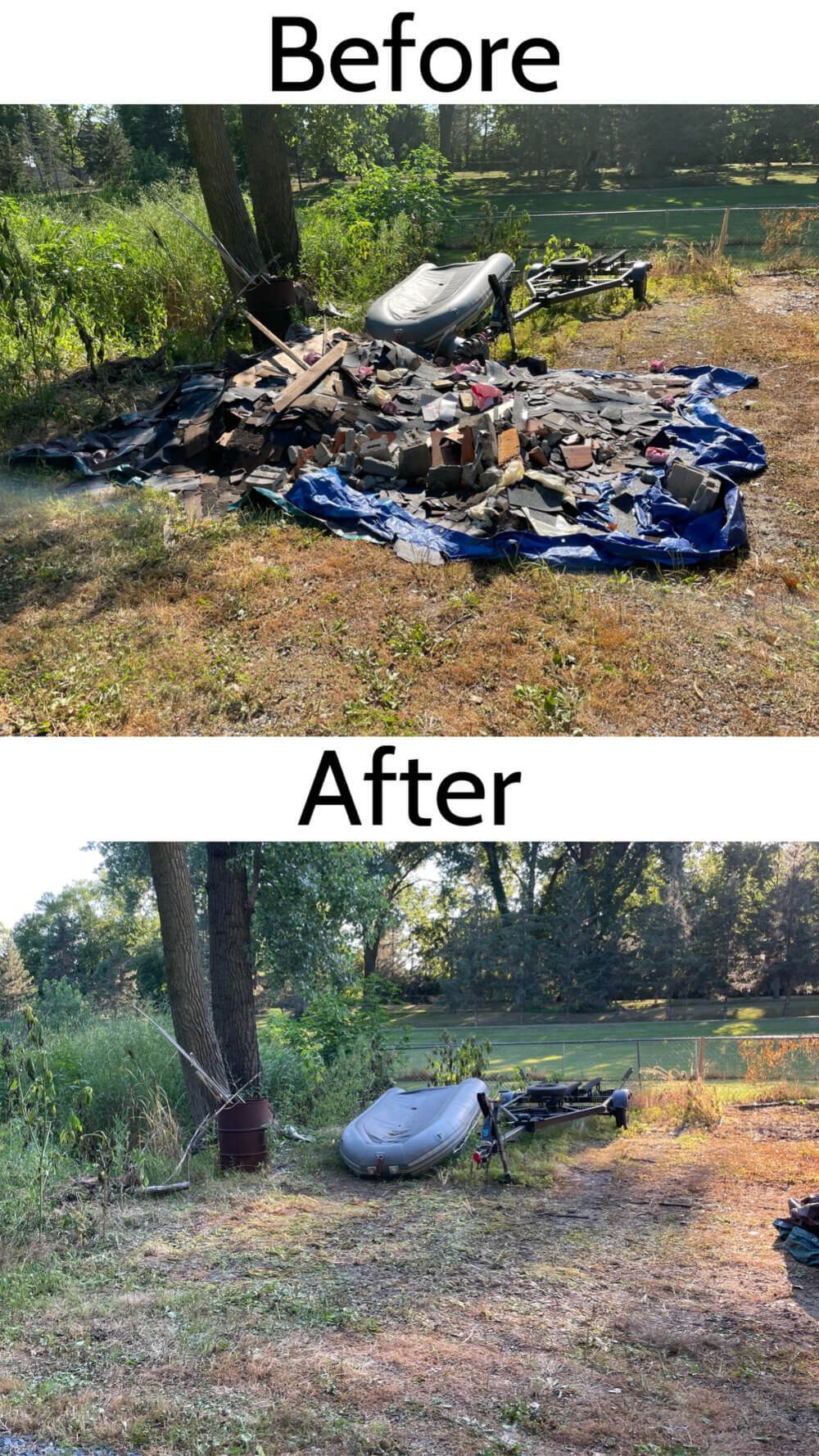 a before and after picture of a pile of trash in a yard .
