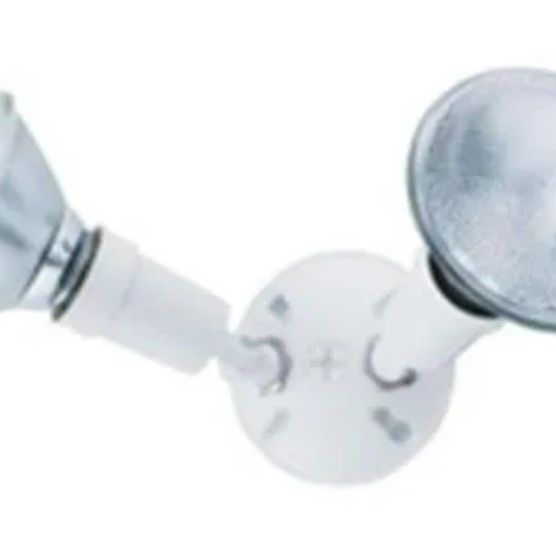 A white flood light with two lights attached to it.