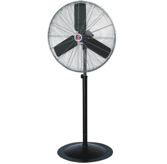 A black stand fan with three blades on a white background.