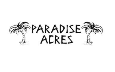 A black and white logo for paradise acres with palm trees.