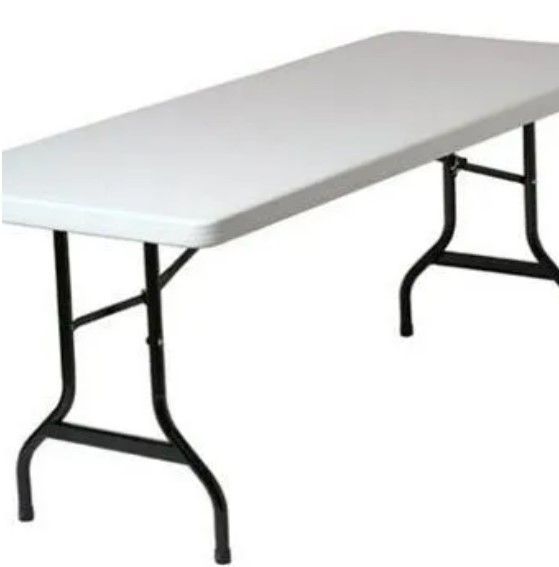 A white folding table with black legs on a white background.