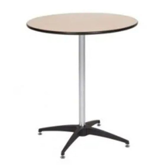 A round table with a metal base and a wooden top on a white background.