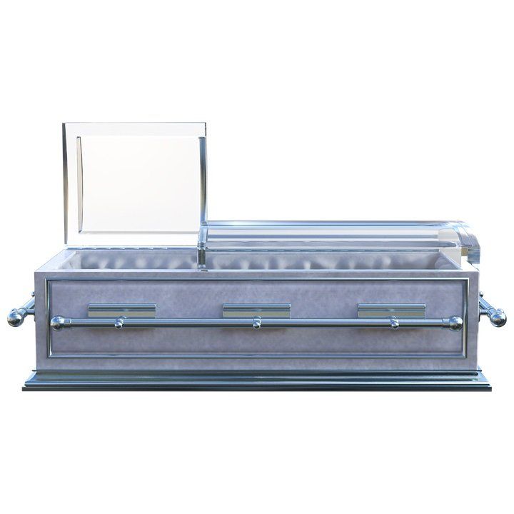 Silver half-couch casket with the upper lid open for a viewing