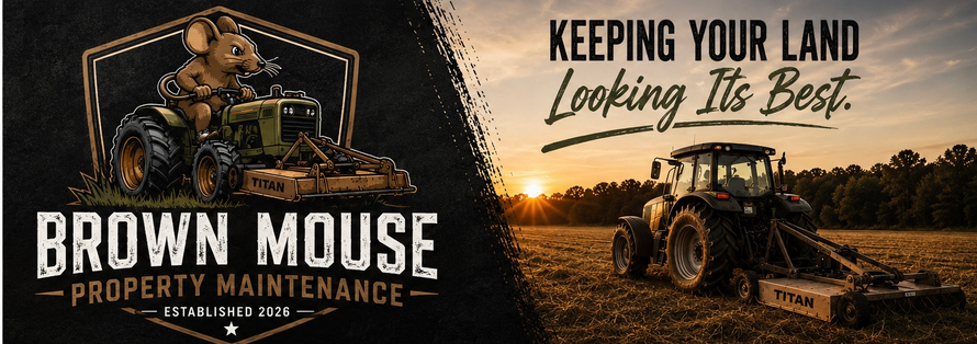 Dirt bike property maintenance ad with sunset field, excavator, mower, and text “Keeping your land looking its best”