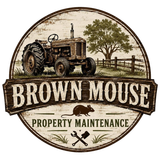 Brown Mouse Property Maintenance logo with vintage tractor, tree, and tools on a round beige badge