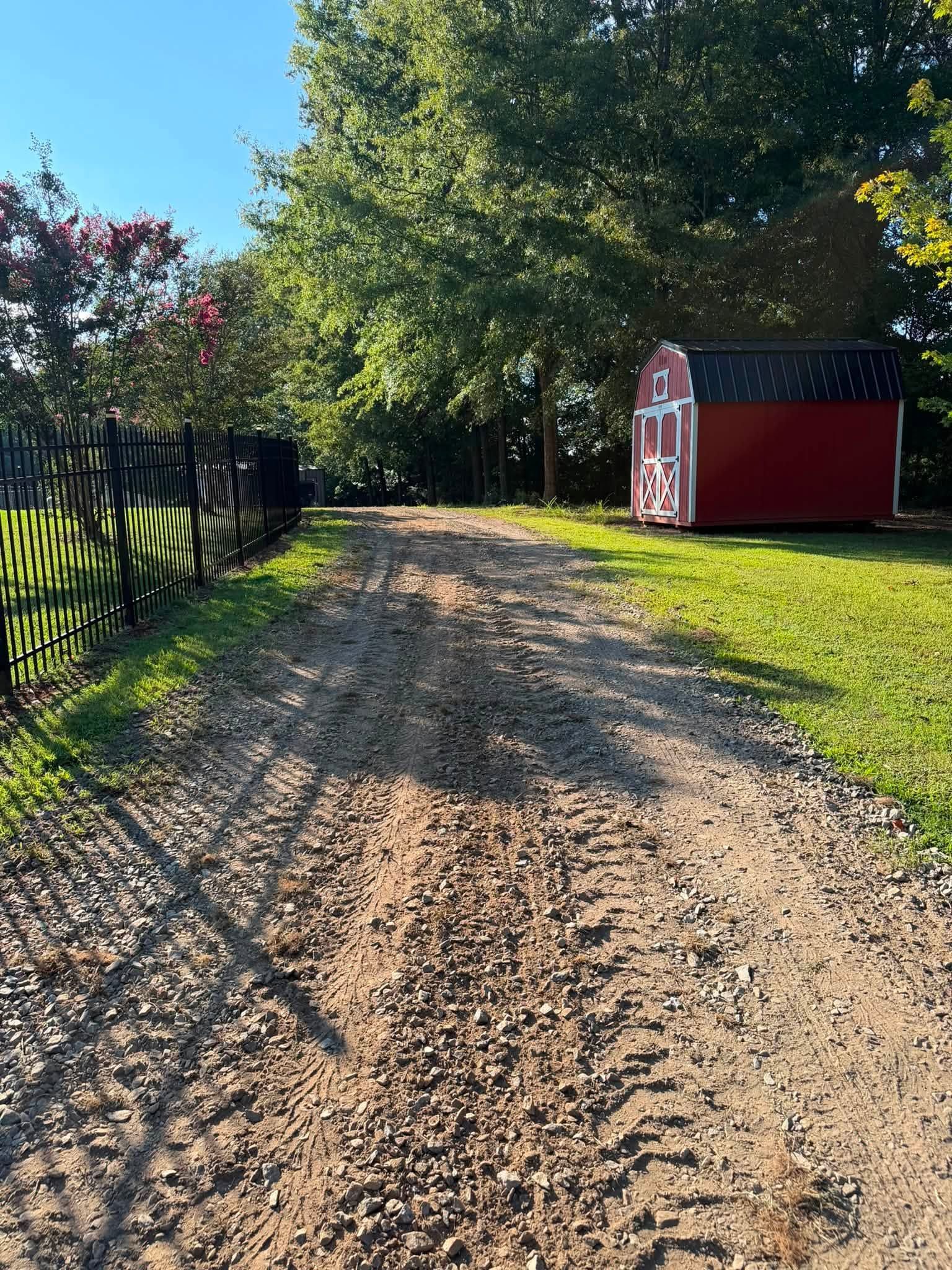 Gravel driveway lined with trees and shrubs leading to a red shed in a sunny yard