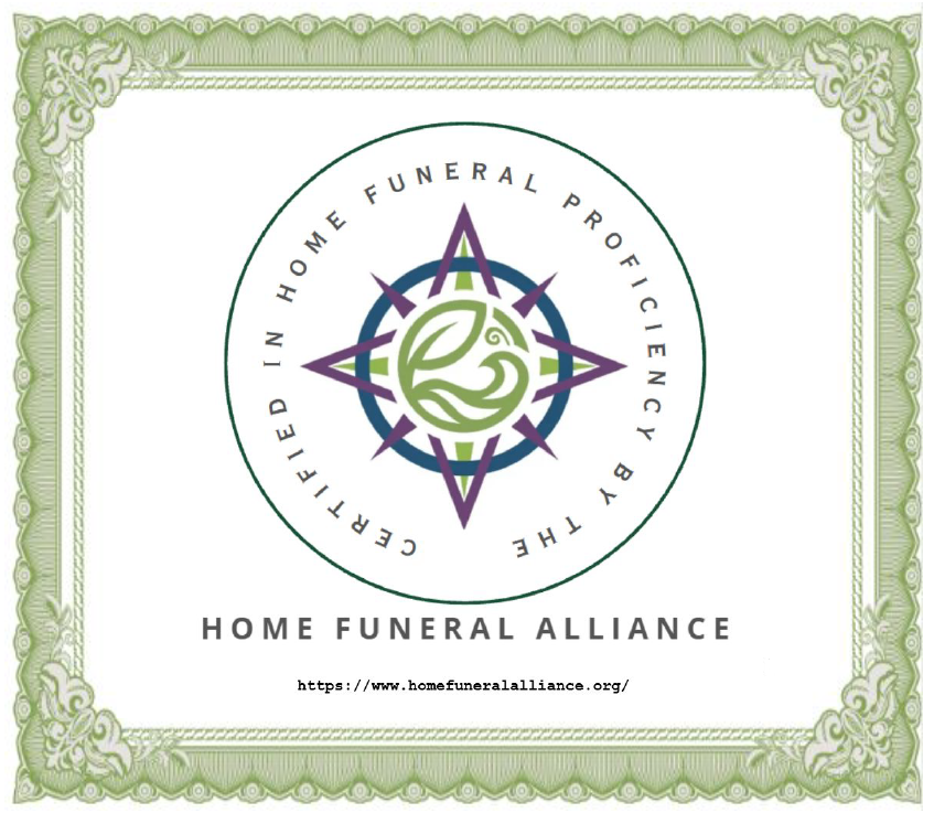 Home Funeral Alliance certificate with green ornamental border and purple-green compass logo