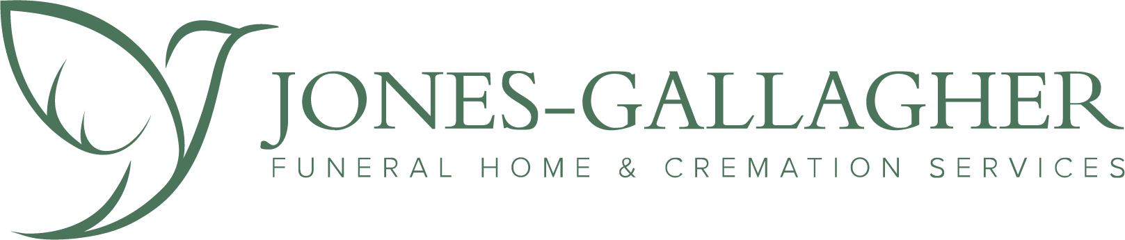 Jones-Gallagher Funeral Home & Cremation Services logo in green script with leaf design