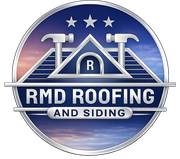 RMD Roofing and Siding logo: circular design with a house outline, hammers, and text on a cloudy background.