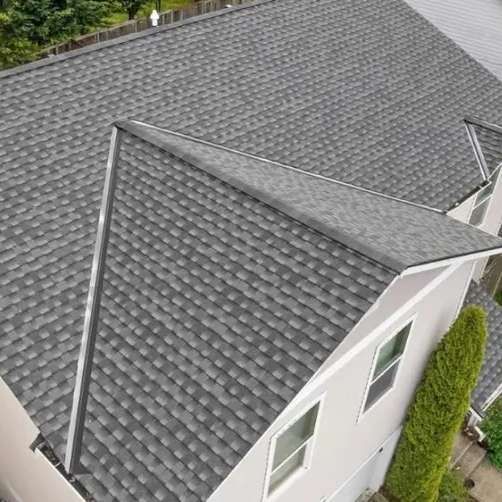 Gray asphalt shingle roof on a two-story house, aerial view.
