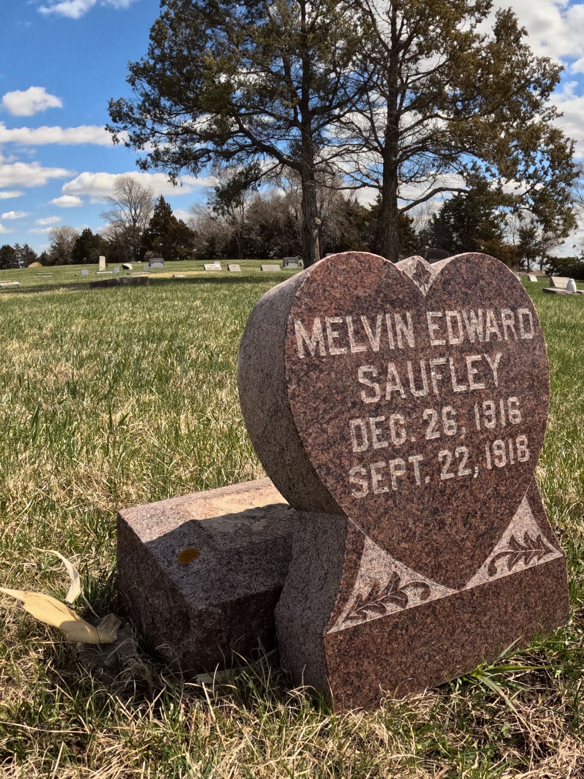 A damaged gravestone in the shape of a heart in a cemetery.