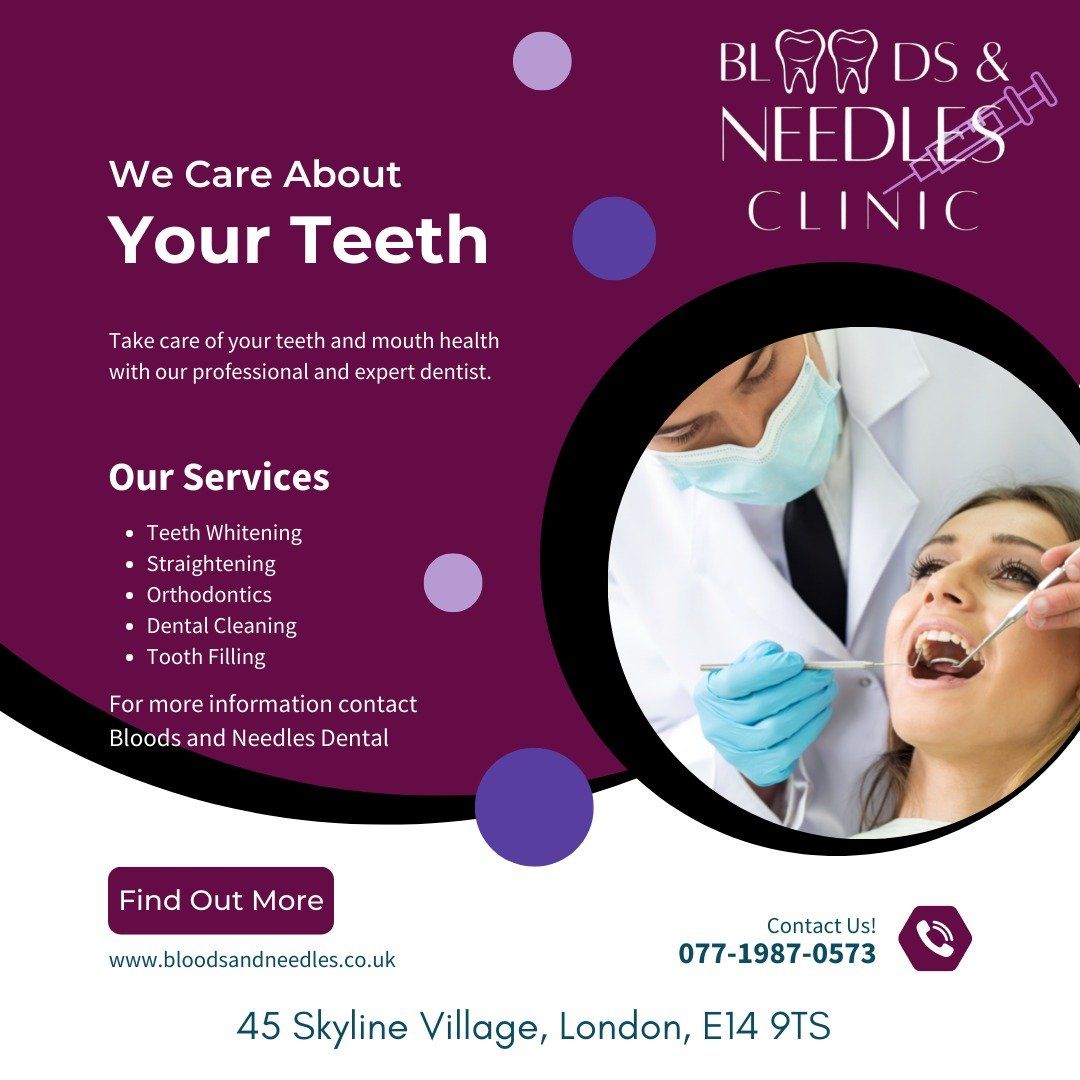 Dental clinic ad with dentist treating a smiling patient on a purple and white background