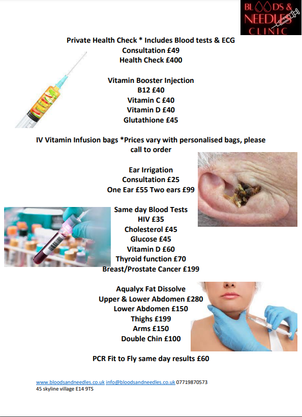 Clinic flyer listing health and beauty treatments with prices, plus photos of an eye, a leg, and a spa treatment
