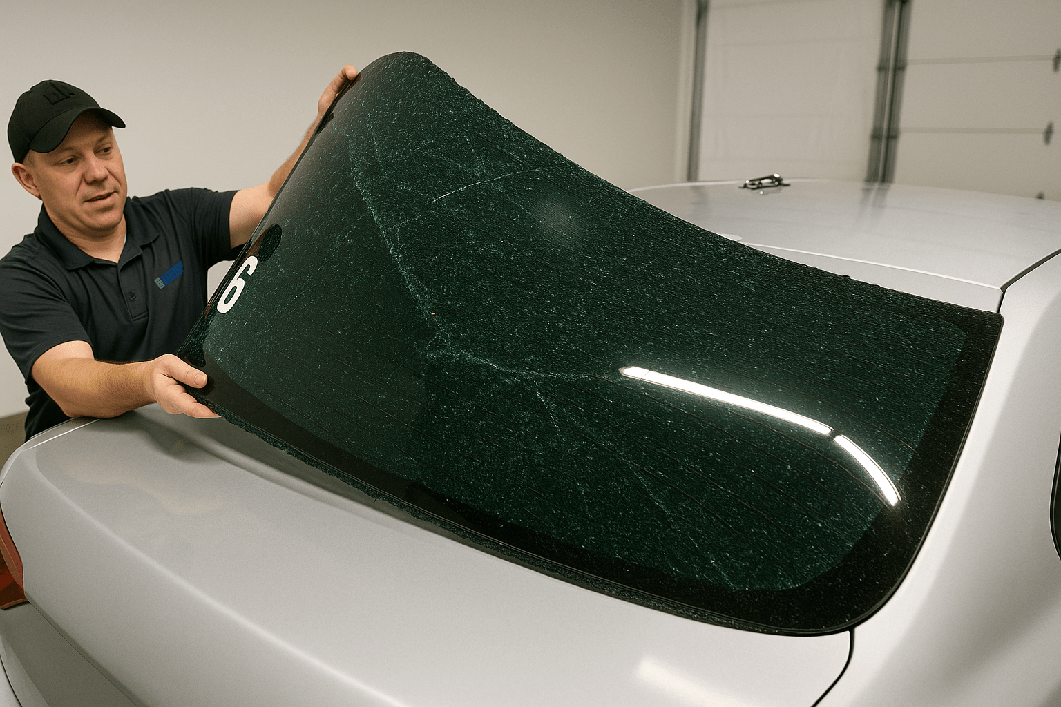 Worker installing a green-tinted windshield on a silver car in a garage