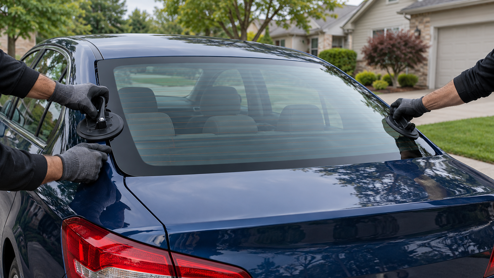Two workers polishing the rear windshield of a dark blue car in a suburban driveway