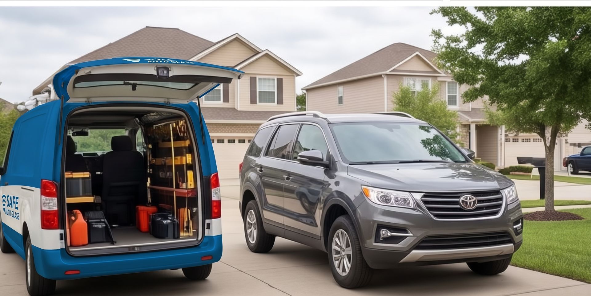 Blue service van with open rear doors beside a gray SUV on a suburban street, with tools visible inside