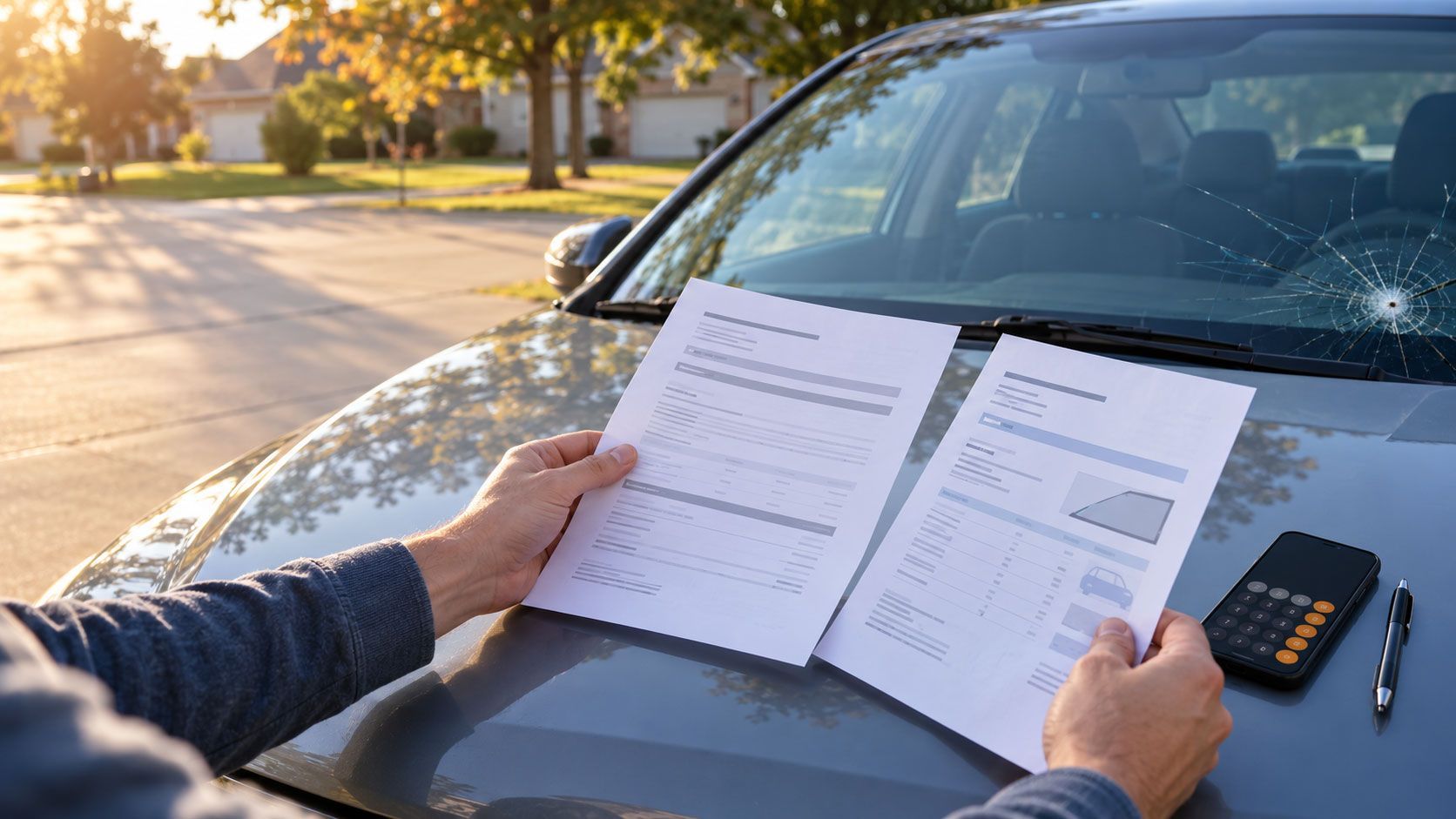 Hands holding paperwork over a car hood beside a parked vehicle and key fob at sunset