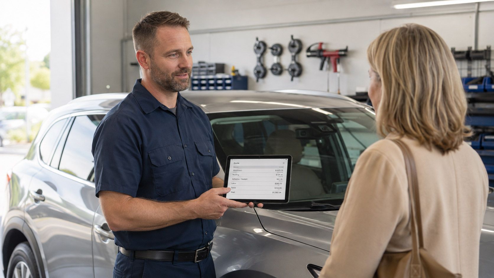 Mechanic showing a tablet to a customer beside a silver car in a garage