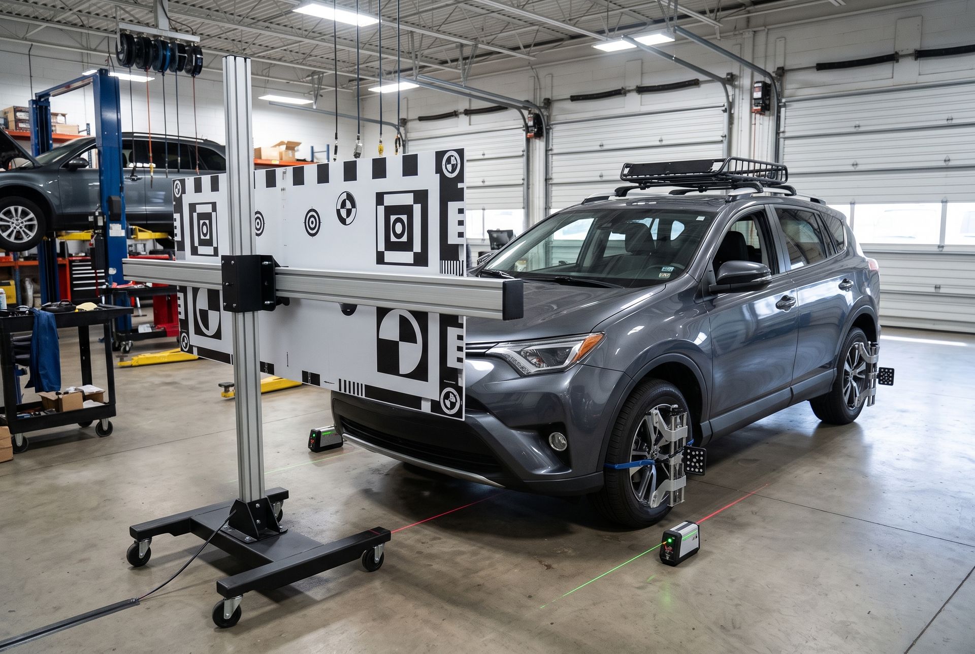 Gray SUV in an auto shop with alignment equipment attached, surrounded by lifts and tools