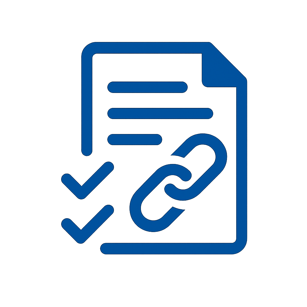 A blue icon featuring a document with a chain link symbol and two checkmarks.
